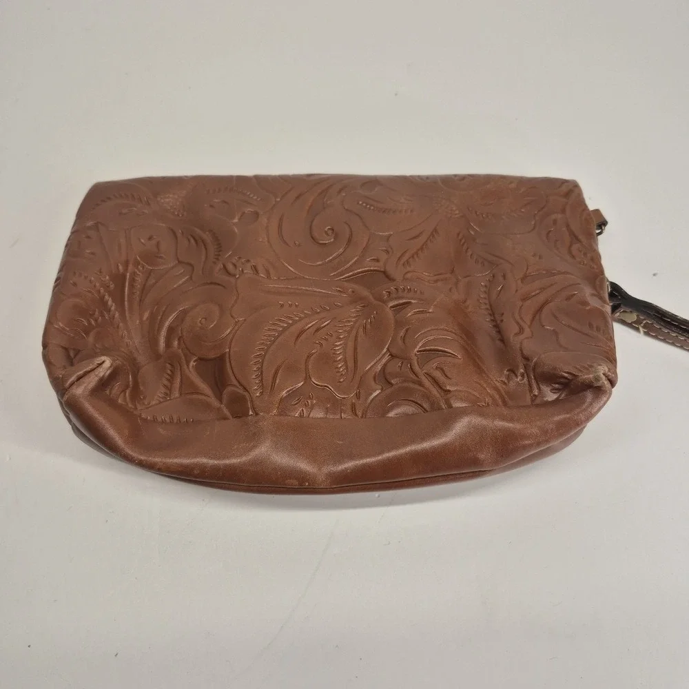 Patricia Nash Valerie Fold Over Wristlet Brown Tan Tooled Leather Finish